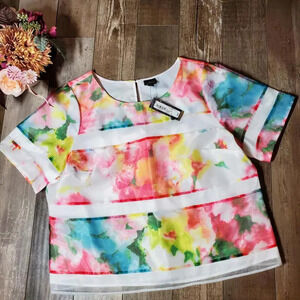 NWT Worthington Multicolored Lined Short Sleeve Watercolor Floral Blouse Size XL